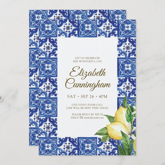 Virtual Celebration of Life Blue Mediterranean Invitation (Front/Back)