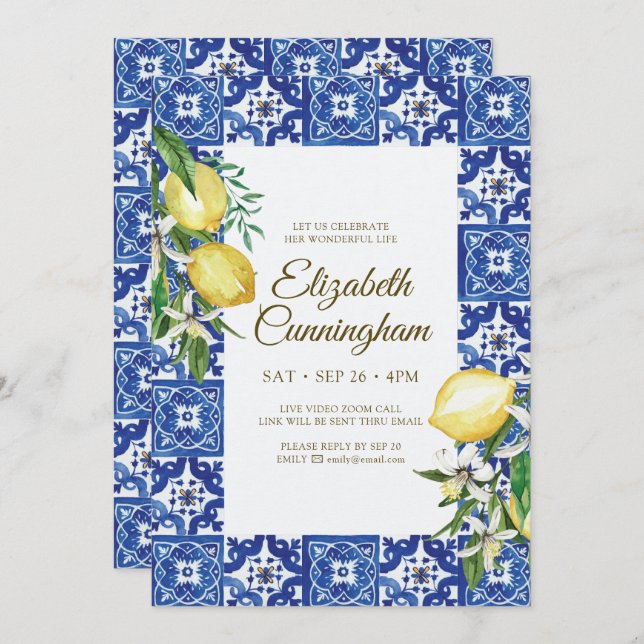 Virtual Celebration of Life Blue Mediterranean Invitation (Front/Back)