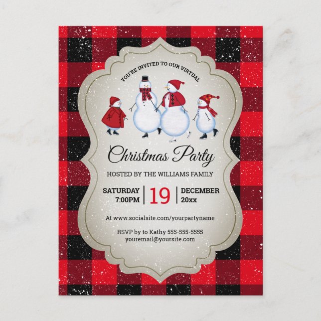 Virtual Christmas Party Snowman Red Buffalo Plaid Invitation Postcard (Front)