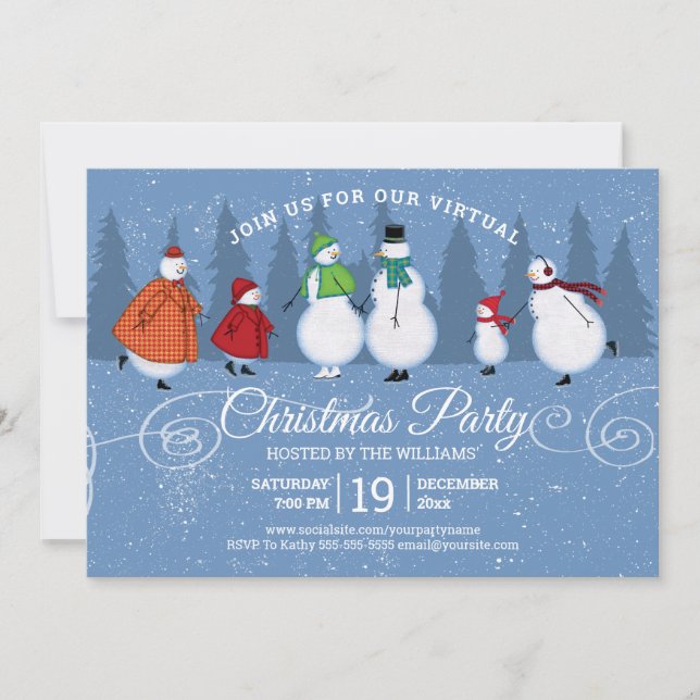 Virtual Christmas Party Snowman Skating Pine Trees Invitation (Front)