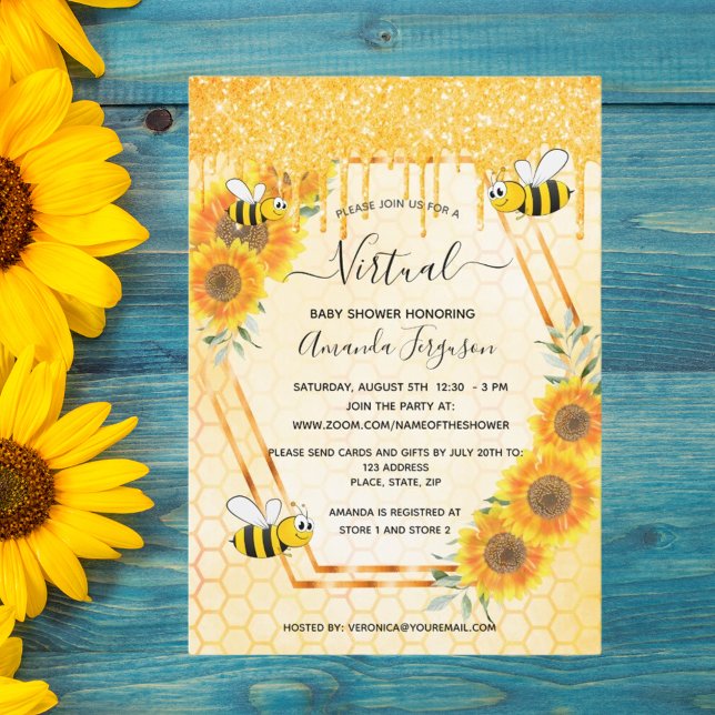 Virtual cute bee glitter sunflowers baby shower invitation (Creator Uploaded)