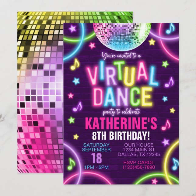 Virtual Dance Party Neon Glow Birthday Invitation (Front/Back)