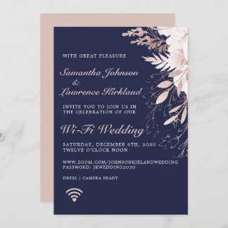 Virtual Dusty Rose Floral Navy Blue Wedding Invitation