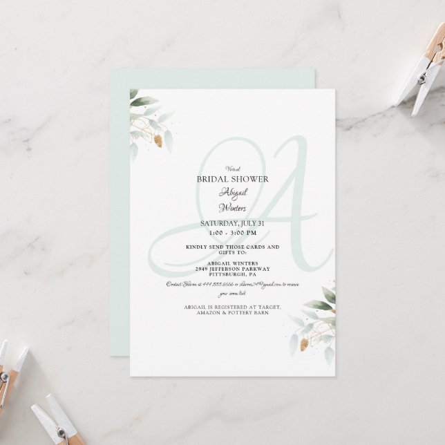 Virtual Elegant Foliage & Sea Glass Bridal Shower  Invitation (Front/Back In Situ)