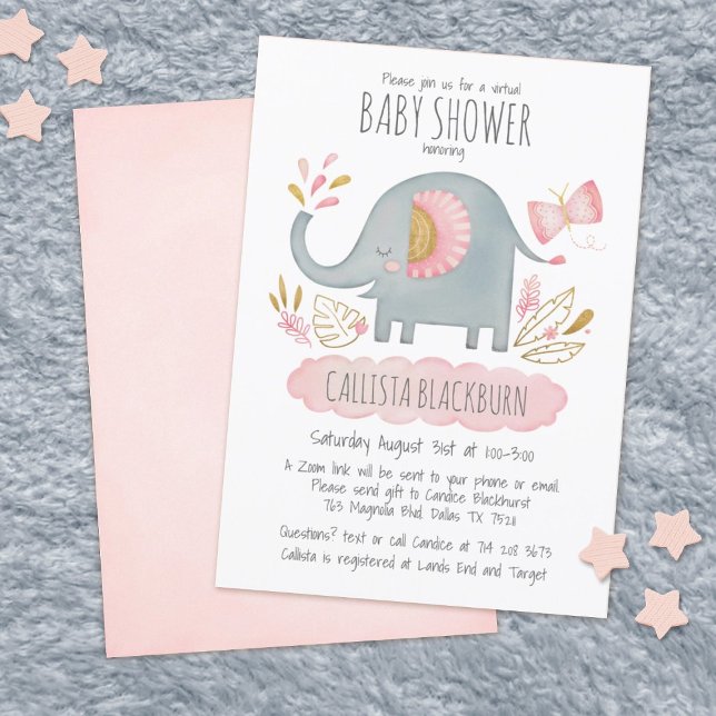 Virtual Elephant Cute Blush Pink Girl Baby Shower Invitation (Creator Uploaded)