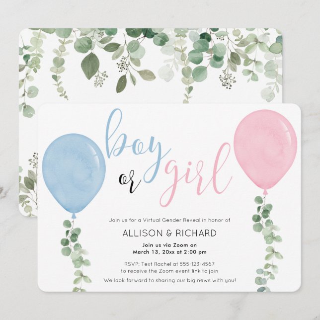 Virtual Gender Reveal blue pink balloons greenery Invitation (Front/Back)
