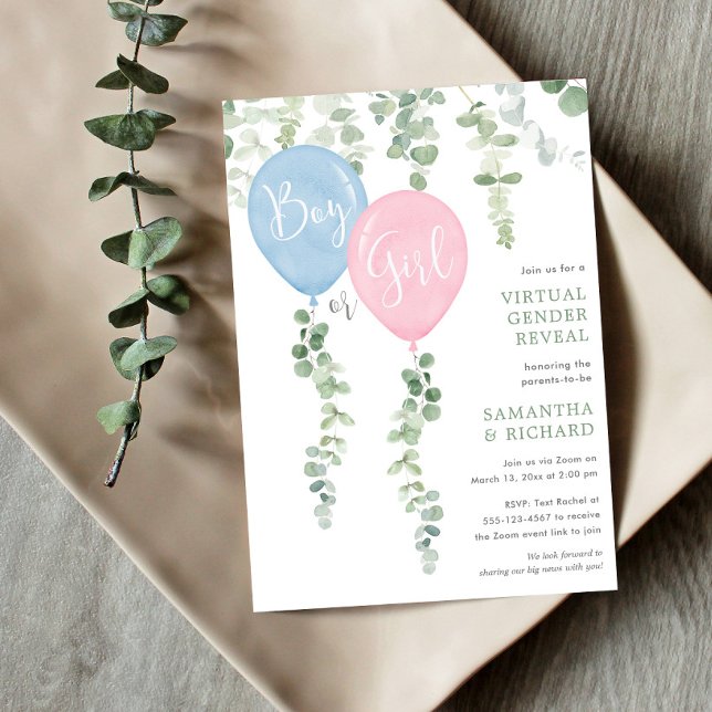 Virtual gender reveal Modern eucalyptus balloon Invitation (Creator Uploaded)