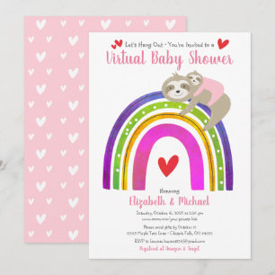 Virtual Girl Baby Shower Cute Sloths, Boho Rainbow Invitation