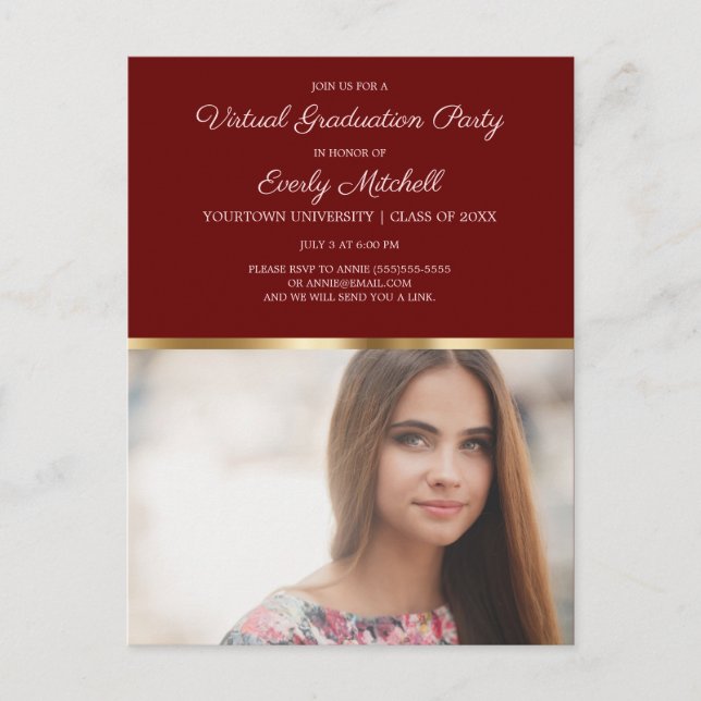 Virtual Graduation Party Burgundy Gold Photo Postcard (Front)