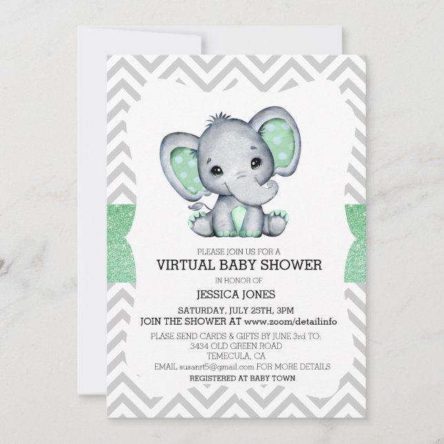 Virtual Green Elephant Chevron Glitter Baby Shower Invitation (Front)