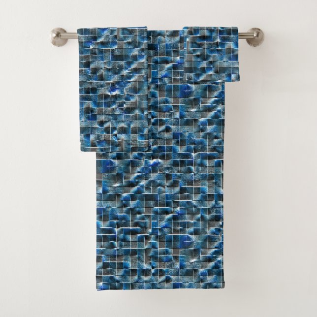 Virtual grey blue rustic ceramic tile with flaws  bath towel set (Insitu)