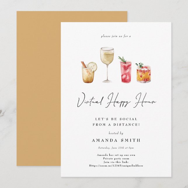 Virtual Happy Hour Cocktail Party Social Distance Invitation (Front/Back)