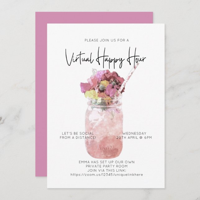 Virtual Happy Hour Party Social Distance Bright Invitation (Front/Back)