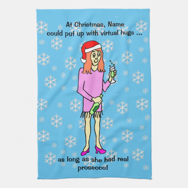 Virtual Hugs Prosecco Christmas Kitchen Towel (Vertical)