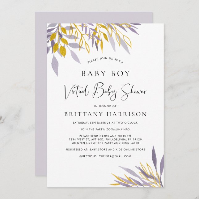 Virtual Lavender Gold Floral Baby Boy Shower Invitation (Front/Back)