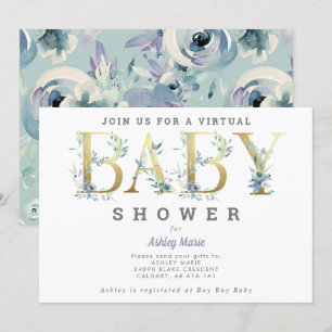 Virtual Long distance Blue Flowers Baby Shower Invitation