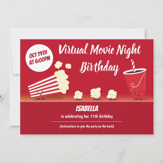 Virtual Movie Night Birthday Popcorn Cartoon Invitation (Front)
