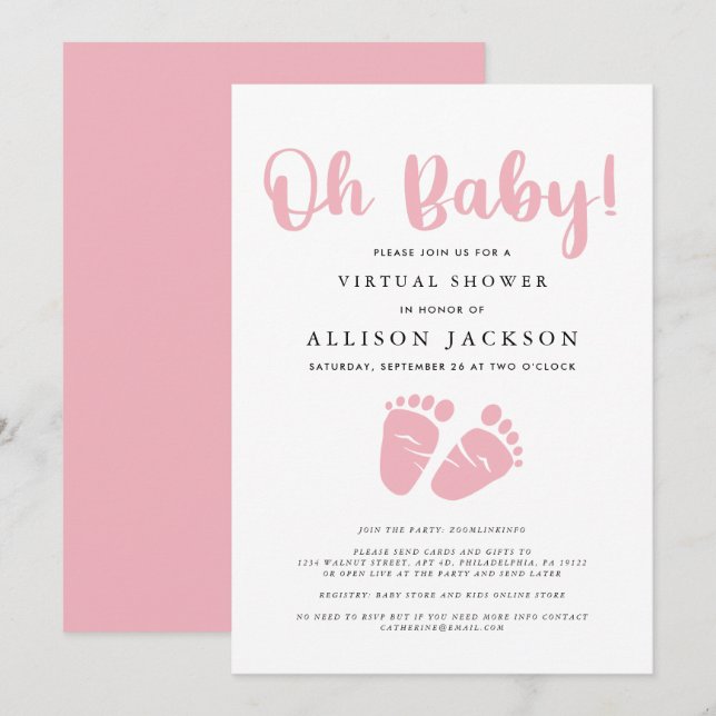 Virtual Oh Baby Girl Shower Pink Baby Feet Simple Invitation (Front/Back)