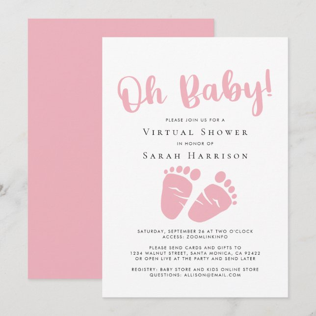 Virtual Oh Baby Girl Shower Pink Feet Invitation (Front/Back)