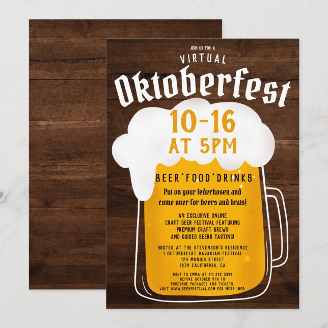 Virtual Oktoberfest beer festival party brown wood Invitation (Front/Back)