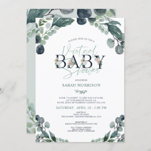 Virtual Online Baby Shower Navy Blue Sage Greenery Invitation