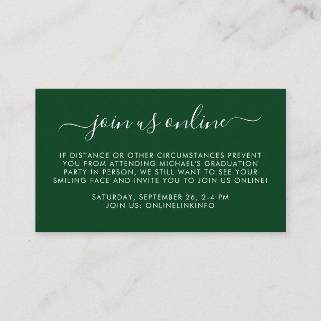 Virtual Online Green Graduation Party Enclosure Card (Front)