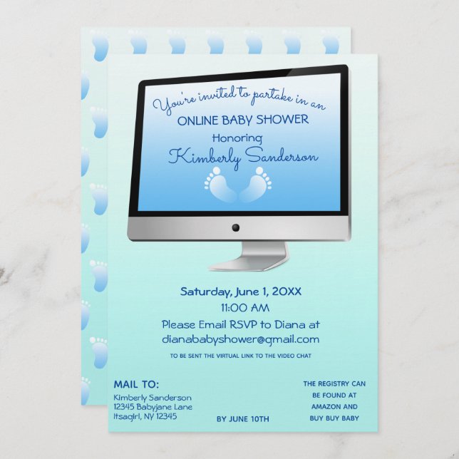 Virtual Online Long Distance Shower Baby Boy Feet Invitation (Front/Back)