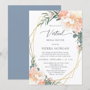 Virtual Peach Floral Gold Dusty Blue Bridal Shower Invitation
