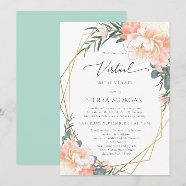 Virtual Peach Floral Gold Mint Green Bridal Shower Invitation (Front/Back)