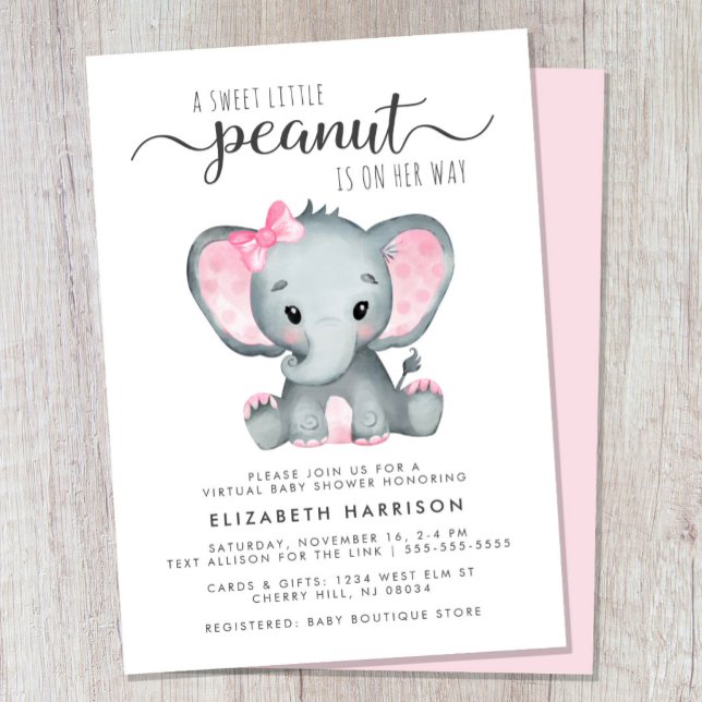 Virtual Pink Elephant Baby Girl Shower Invitation (Cute girl virtual baby shower invitation)