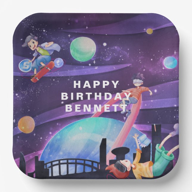 Virtual Reality | Gaming Birthday Paper Plate (Front)