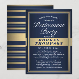 Virtual Retirement Party Navy Blue White and Gold Invitation