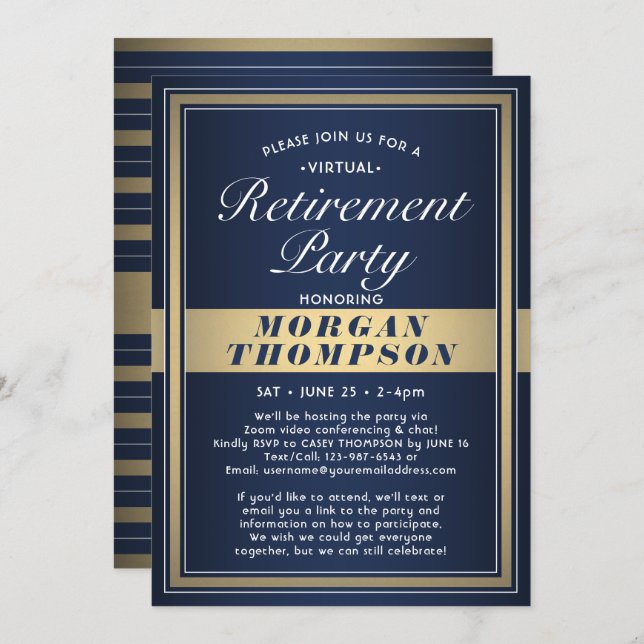 Virtual Retirement Party Navy Blue White and Gold Invitation (Front/Back)
