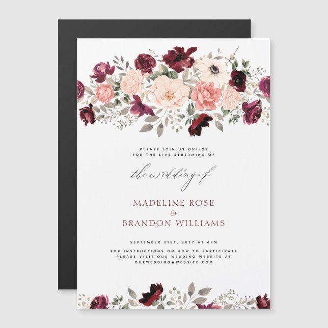 Virtual Rustic Burgundy Blush Floral Wedding Magnetic Invitation (Front/Back)