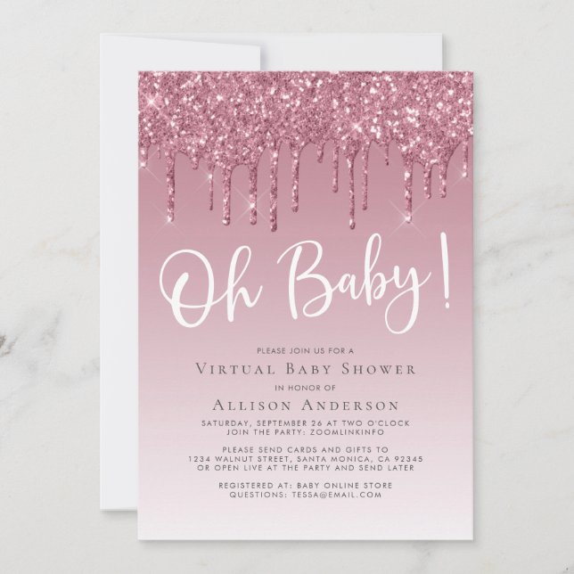 Virtual Shower Glitter Oh Baby Girl Pink Invitation (Front)