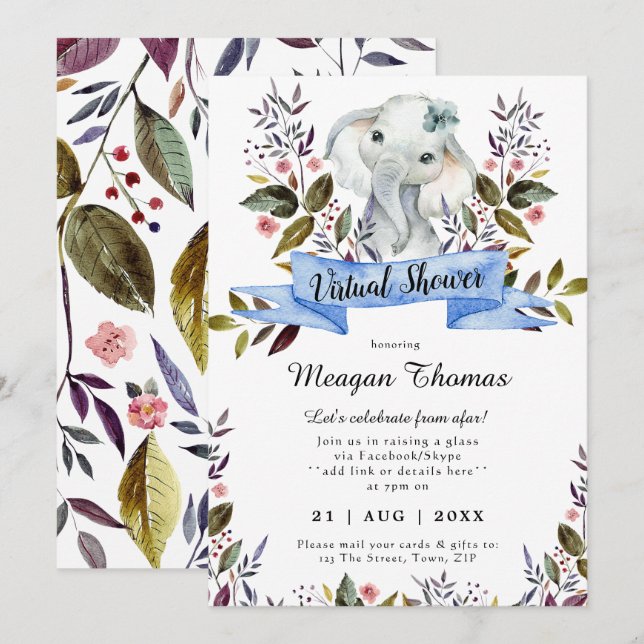 virtual shower new plans elephant blue baby shower invitation (Front/Back)