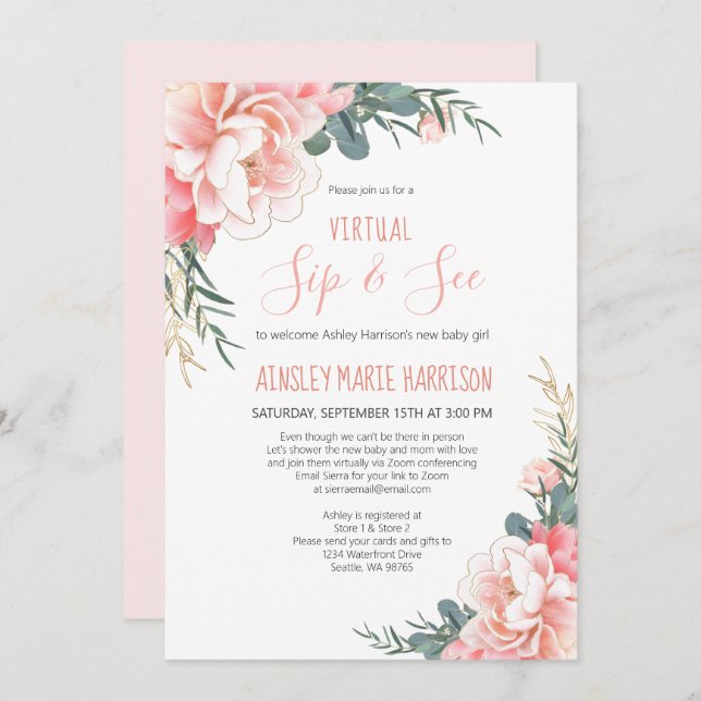 Virtual Sip & See Blush Pink Gold Baby Shower Invitation (Front/Back)