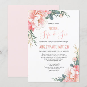 Virtual Sip & See Blush Pink Gold Baby Shower Invitation