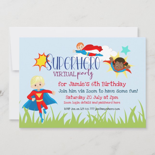 Virtual Superhero Kids Birthday Party Invitation (Front)