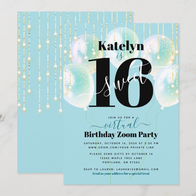 Virtual Sweet 16 Birthday Girly Glam Blue Balloons Invitation (Front/Back)