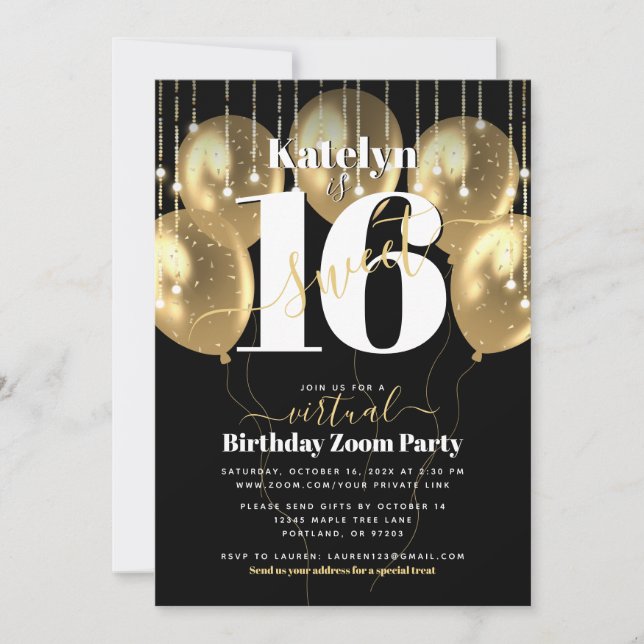Virtual Sweet 16 Birthday Glam Girly Gold Balloons Invitation (Front)