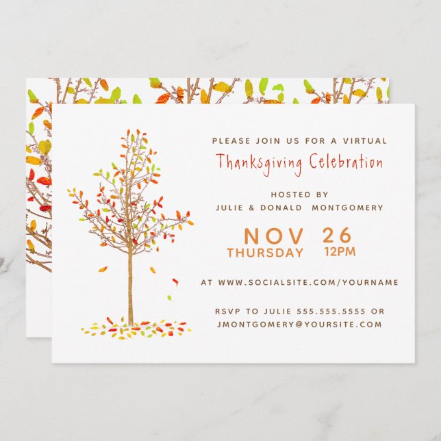 Virtual Thanksgiving Watercolor Autumn Tree Leaves Invitation (Front/Back)