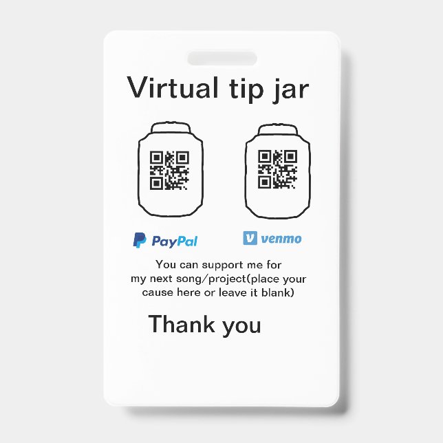 Virtual tip jar q r code money donation PayPal ven Badge (Front)