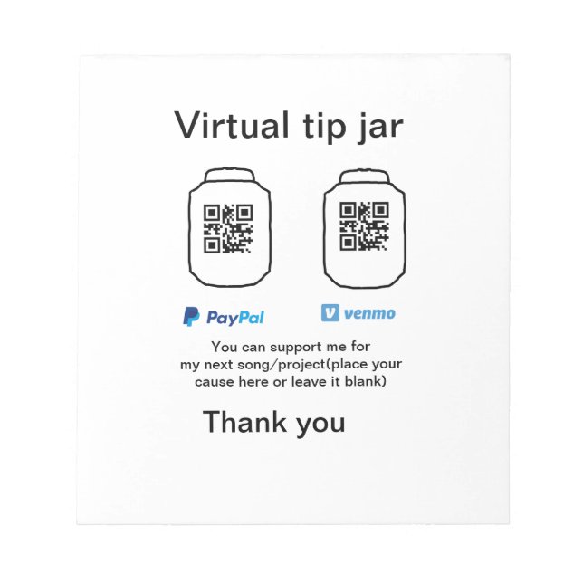Virtual tip jar q r code money donation PayPal ven Notepad (Front)