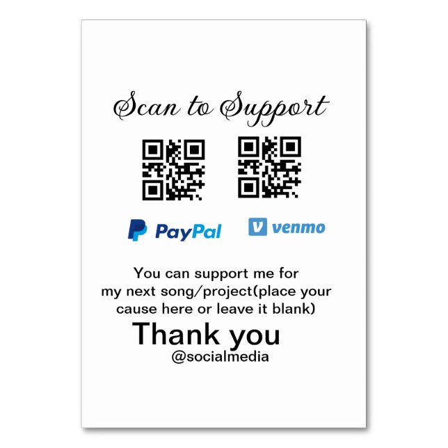 Virtual tip jar q r code money donation PayPal ven Table Number (Front)