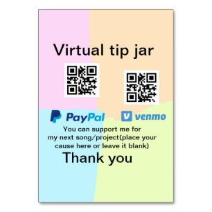 Virtual tip jar q r code money donation PayPal ven Table Number
