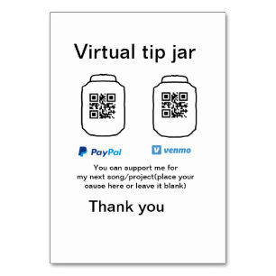 Virtual tip jar q r code money donation PayPal ven Table Number
