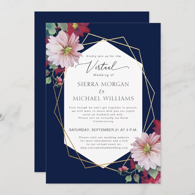 Virtual Wedding Blush Burgundy Gold Navy Blue Invitation (Front/Back)