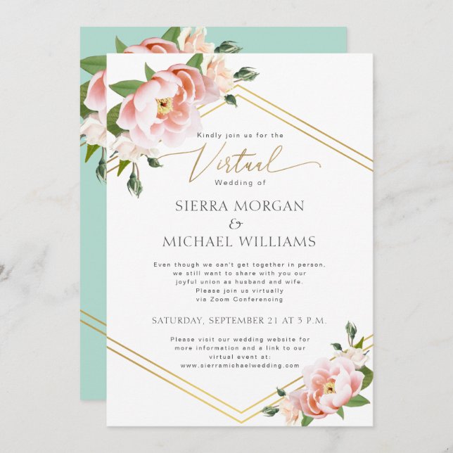 Virtual Wedding Blush Peony Floral Gold Mint Green Invitation (Front/Back)