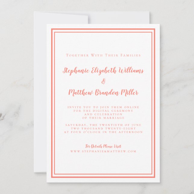 Virtual Wedding Coral & White Minimalist Online Invitation (Front)